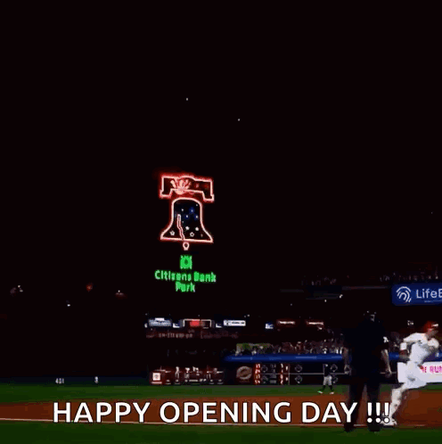 a fireworks display at citizens bank park with the words happy opening day written on the bottom