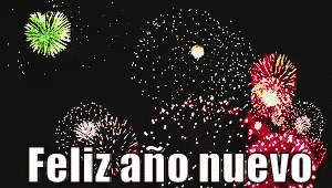 A Fireworks Display With The Words Feliz Ano Nuevo In White Letters GIF