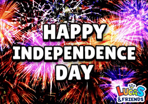 A Fireworks Display With The Words Happy Independence Day In White Letters GIF