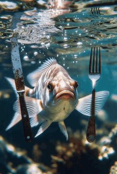 A Fish Is Holding A Knife And Fork In The Water GIF