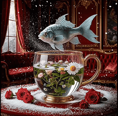 A Fish Is Jumping Out Of A Cup Of Water With Flowers GIF