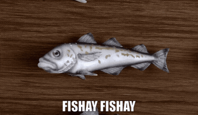 A Fish On A Wooden Table That Says Fishay Fishay On It GIF
