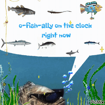 A Fish Wearing Sunglasses Is Surrounded By Other Fish And A Speech Bubble That Says O-Fish-Ally On The Clock GIF