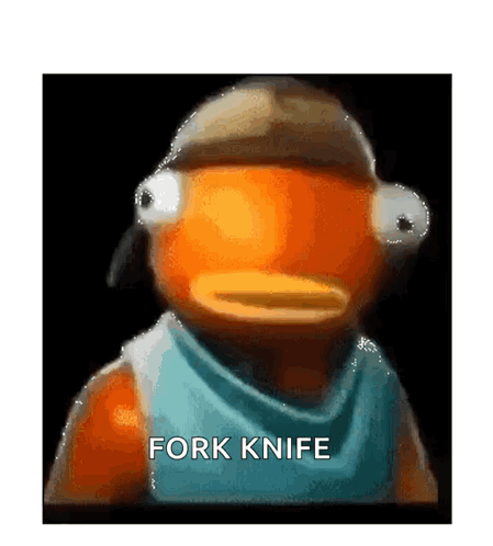 A Fish With A Hat On Is Holding A Fork And Knife In His Mouth . GIF