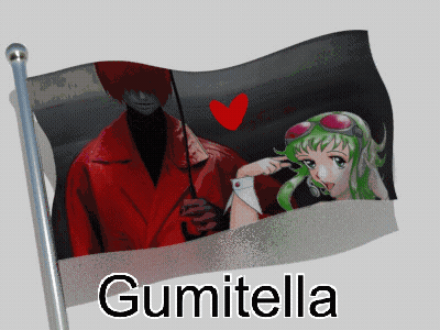 A Flag With A Picture Of A Man And A Girl With Gumitella Written On It GIF