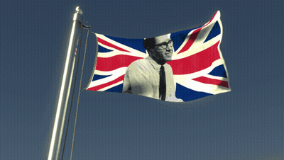 A Flag With A Picture Of A Man In Glasses On It GIF