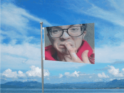 A Flag With A Picture Of A Man With Glasses Covering His Mouth With His Finger GIF