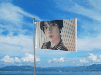A Flag With A Picture Of A Man With Glasses On It GIF