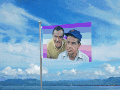 A Flag With A Picture Of Two Men On It Against A Blue Sky GIF