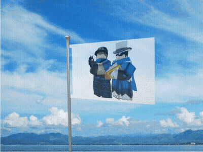 A Flag With A Picture Of Two Roblox Characters Flying In The Wind GIF