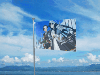 A Flag With A Picture Of Two Samurai On It GIF