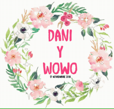 A Floral Wreath With Dani Y Wowo Written In Red GIF