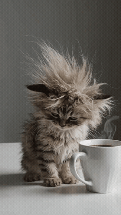 A Fluffy Kitten Sitting Next To A Cup Of Coffee On A Table GIF
