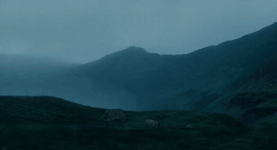 A Foggy Mountain Landscape With A Few Sheep Standing In The Foreground GIF
