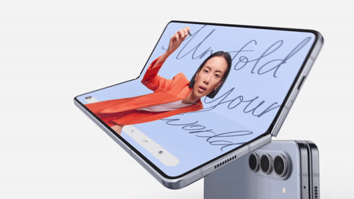 A Folding Phone With A Picture Of A Woman And The Words " Unfold Your World " On The Screen GIF
