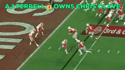 A Football Field With The Words Aj Terrell Owns Chris Olave On Top GIF