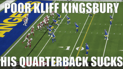 A Football Field With The Words Poor Kliff Kingsbury His Quarterback Sucks At The Top GIF