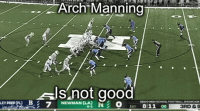 A Football Game Between Arch Manning And Newman With A Score Of 7 To 0 GIF