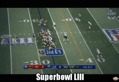 A Football Game Between The Rams And The Patriots With The Words Superbowl Liii GIF