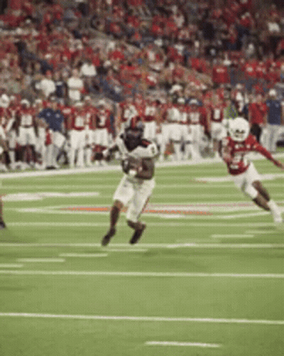 A Football Game Is Being Played On A Field With A Crowd In The Background GIF