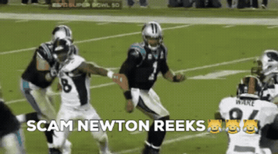 A Football Game Is Being Played With The Words Scam Newton Reeks Written On The Bottom GIF