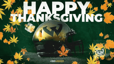 A Football Helmet Is Surrounded By Leaves And The Words Happy Thanksgiving Are Above It GIF