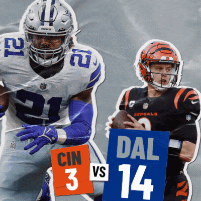 A Football Player Holding A Sign That Says Cin 3 Vs Dal 14 GIF