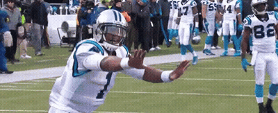A Football Player In A Carolina Panthers Uniform Is Standing On A Field . GIF