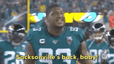 A Football Player In A Jaguars Jersey Says Sacksville 'S Back Baby . GIF