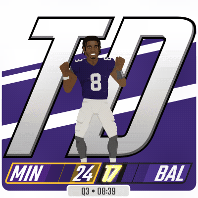 A Football Player In A Purple Jersey With The Number 8 On It GIF