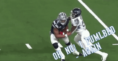 A Football Player Is Being Tackled By Another Player And The Words Oh No I Fumlbed Again Are Written On The Field GIF