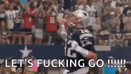 A Football Player Is Celebrating A Touchdown In Front Of A Crowd With The Words `` Let 'S Fucking Go '' . GIF