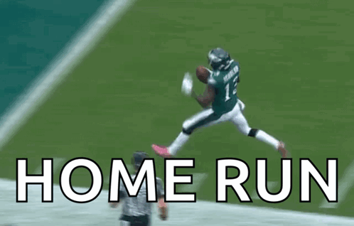 A Football Player Is Jumping In The Air To Catch A Ball With The Words Home Run Written Below Him GIF