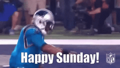 A Football Player Is Running Down The Field With The Words `` Happy Sunday '' Written On The Bottom . GIF