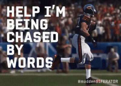 A Football Player Is Running On A Field With The Words Help I 'M Being Chased By Words . GIF