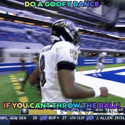 A Football Player Is Running On The Field With A Caption That Says Do A Goofy Dance GIF