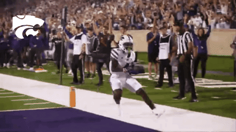 A Football Player Is Running On The Field With A Crowd Behind Him GIF