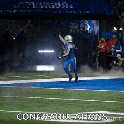 A Football Player Is Running On The Field With The Words Congratulations Netflix Written On The Bottom GIF
