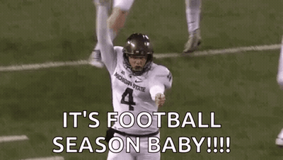 A Football Player Is Running On The Field With The Words `` It 'S Football Season Baby !!! '' GIF