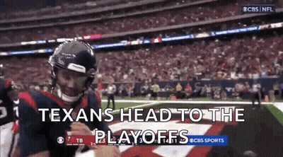A Football Player Is Running On The Field With The Words `` Texans Head To The Playoffs '' . GIF