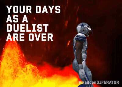 A Football Player Is Standing In Front Of A Fire With The Words Your Days As A Duelist Are Over Above Him GIF