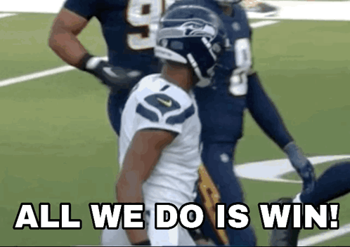 A Football Player Is Standing On A Field With The Words `` All We Do Is Win ! '' GIF