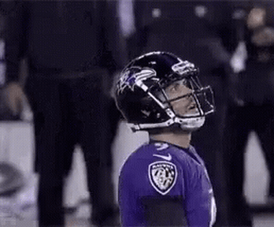 A Football Player Wearing A Black Helmet And A Purple Jersey Is Standing On The Field . GIF