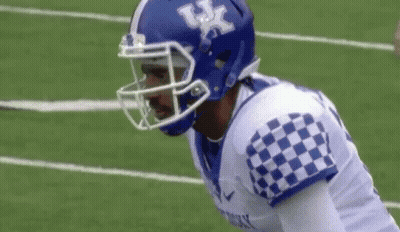 A Football Player Wearing A Blue Helmet And A White And Blue Checkered Jersey Is Standing On A Field . GIF