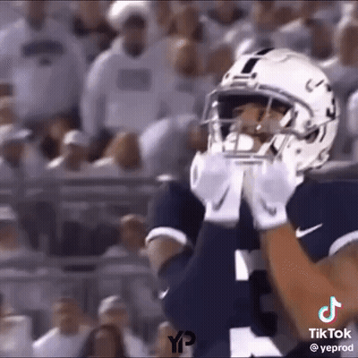 A Football Player Wearing A Helmet And Gloves Is Standing In Front Of A Crowd On A Field . GIF