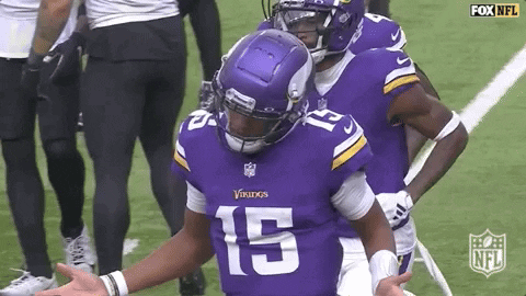 A Football Player Wearing A Purple Jersey With The Number 15 On It Is Standing On A Field . GIF
