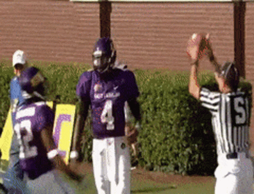A Football Player Wearing A Purple Jersey With The Number 4 GIF