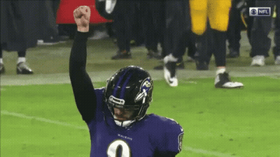 A Football Player Wearing A Ravens Jersey Holds His Fist Up In The Air GIF