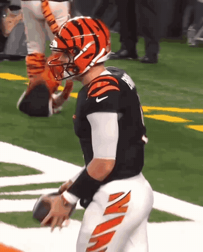 A Football Player Wearing A Tigers Helmet Is Holding A Football On The Field . GIF