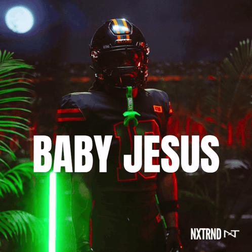 A Football Player With A Green Light Behind Him And The Words Baby Jesus On The Bottom GIF